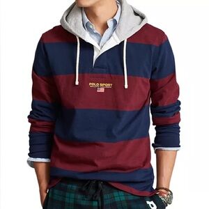 Polo Sport Ralph Lauren Rugby striped Hoodie Hooded shirt sweatshirt NWT